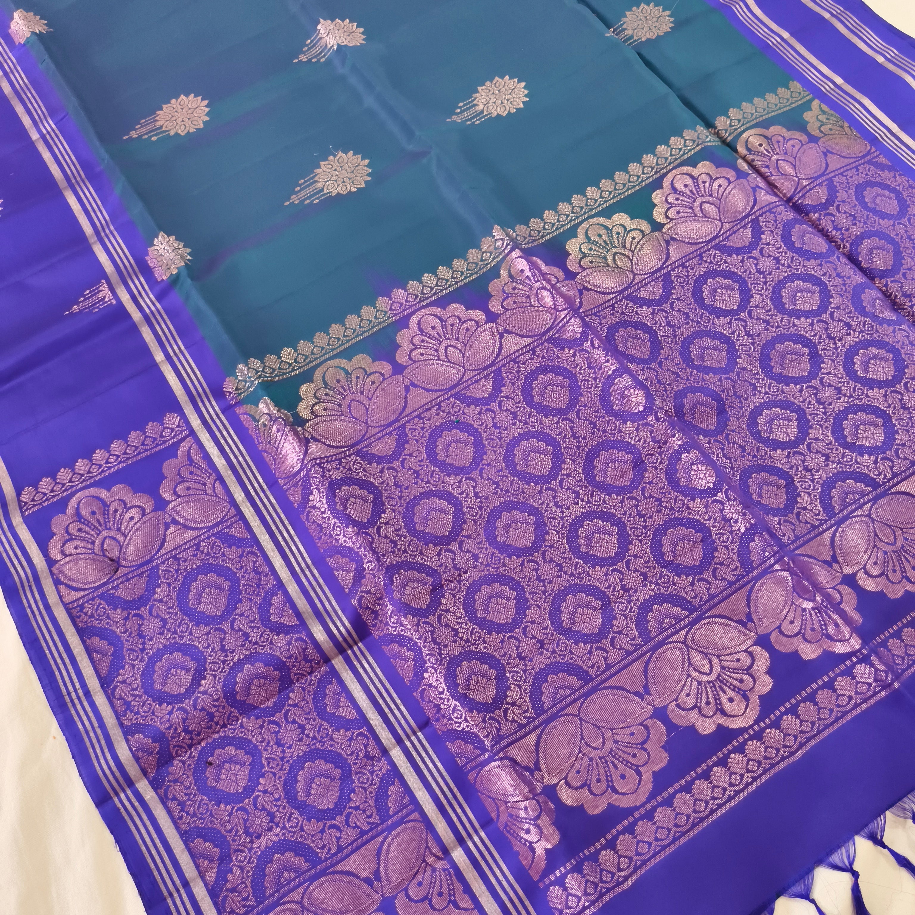 Soft Silk Saree – Peacock Blue and Blue Contrast