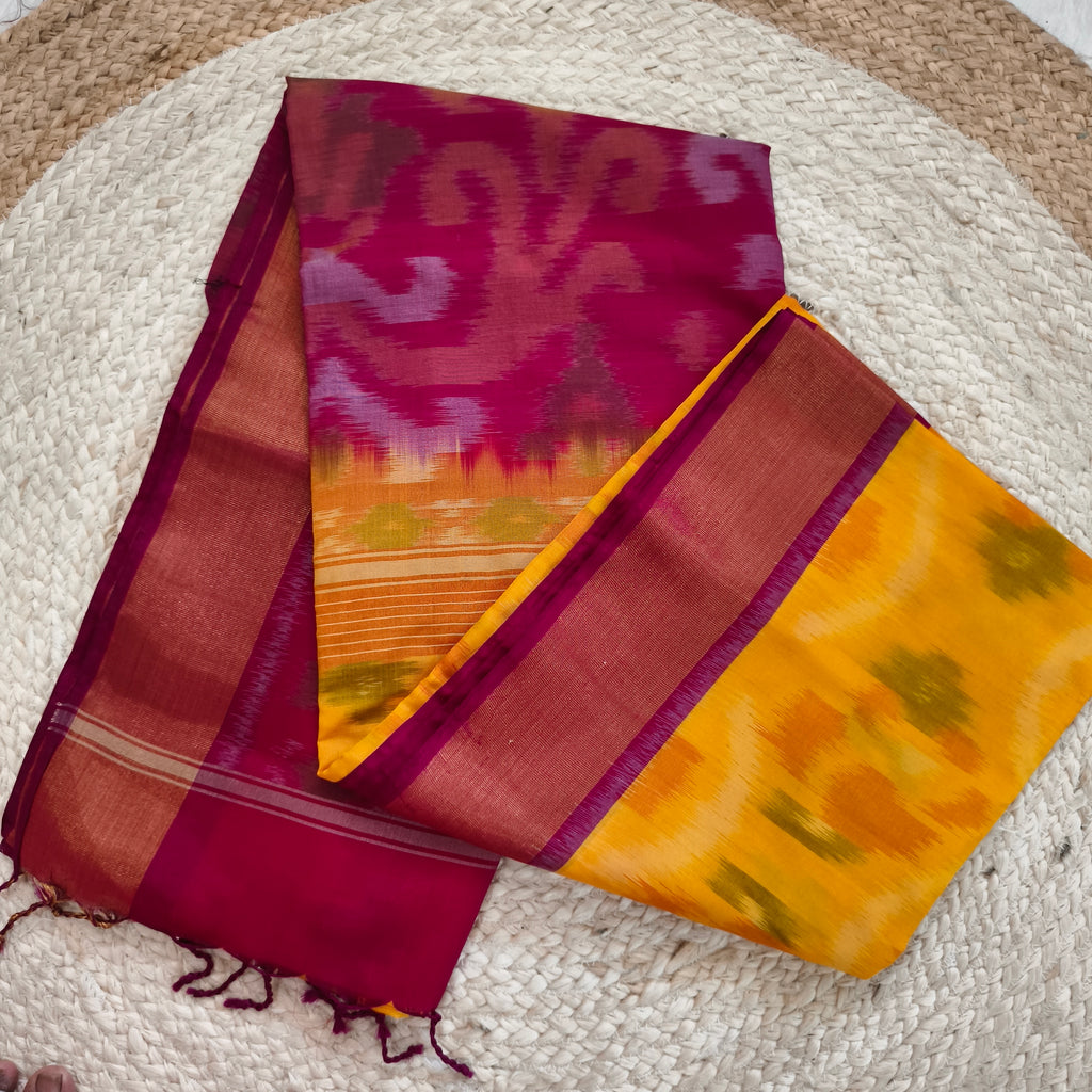 Silk Cotton Saree – Yellow and Rani Pink