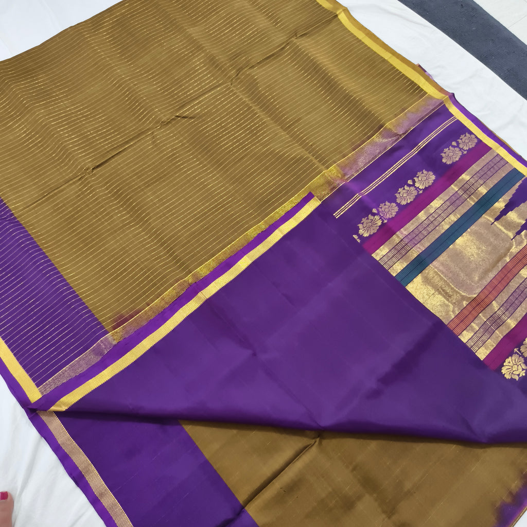 Pure Kanchipuram Silk Saree – Olive Green and Purple Contrast