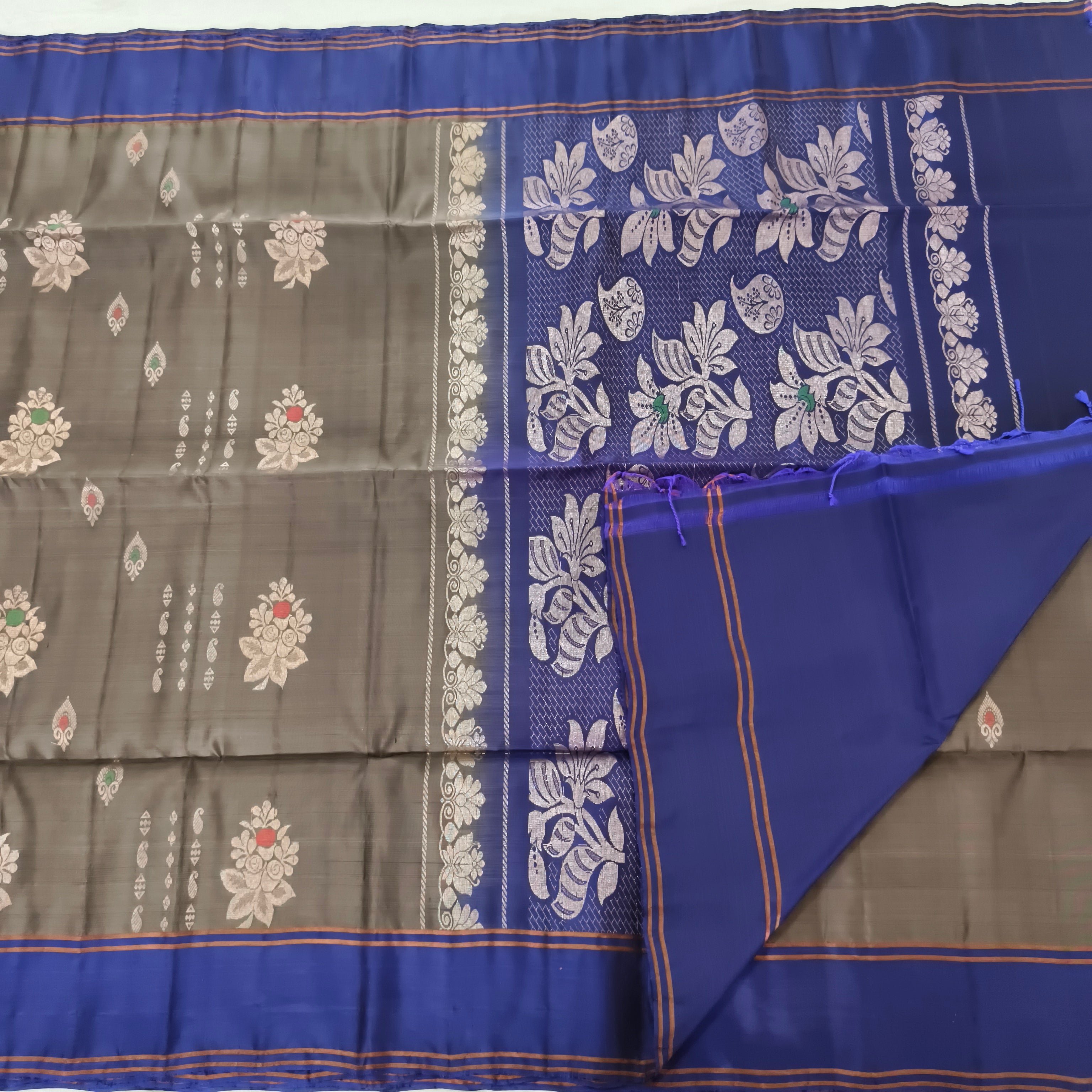 Soft Silk Saree – Dark Grey and Royal Blue Contrast