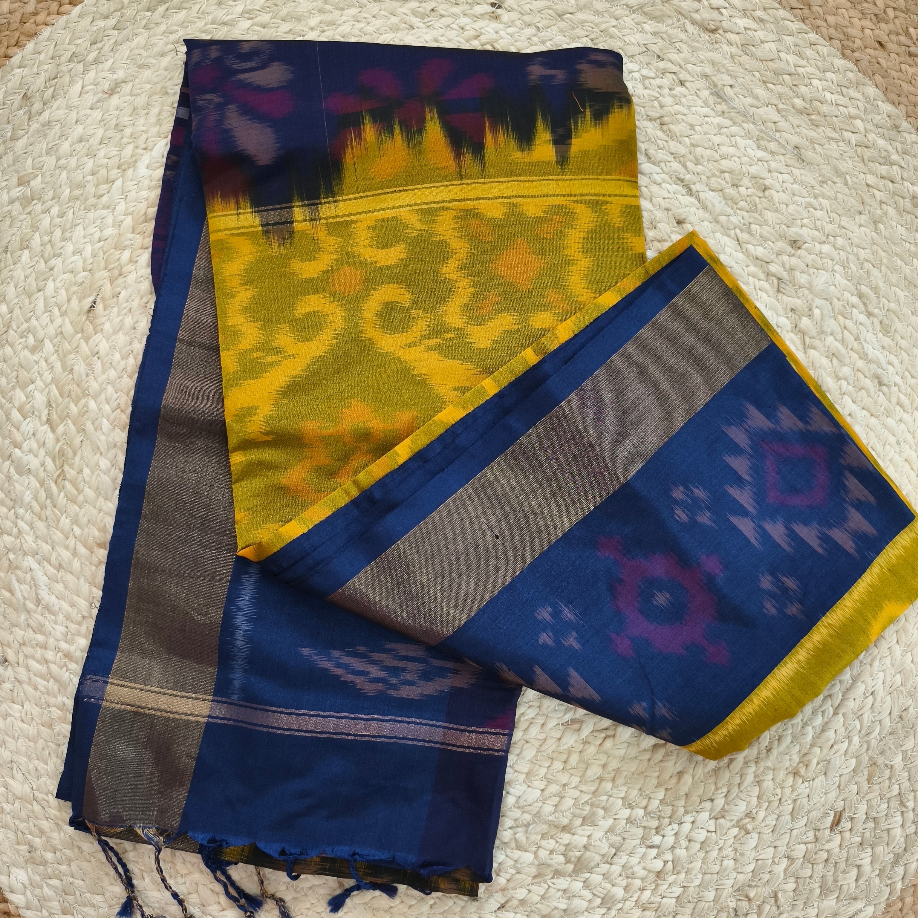 Silk Cotton Saree – Yellow and Navy Blue