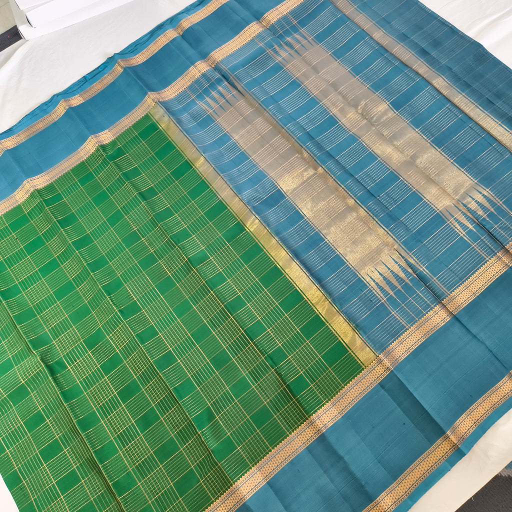 Pure Kanchipuram Silk Saree – Green and Blue Contrast with Checks