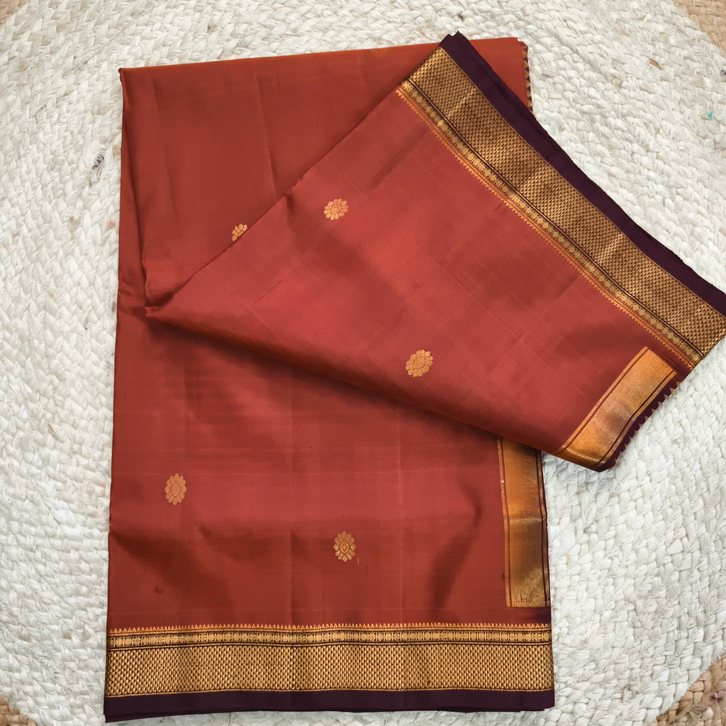Pure Kanchipuram Handloom Silk Saree – Rust Orange and Deep Maroon Contrast