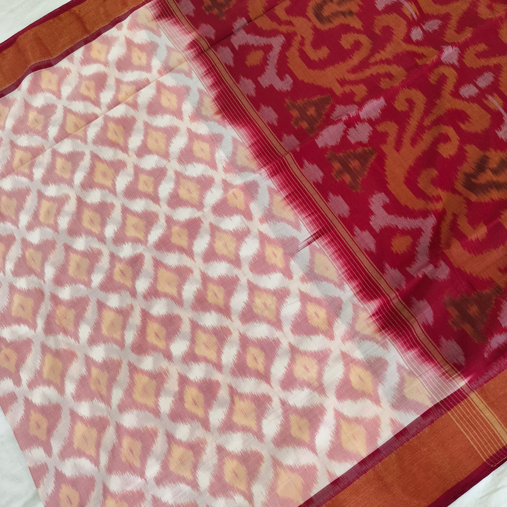 Silk Cotton Saree – White and Maroon