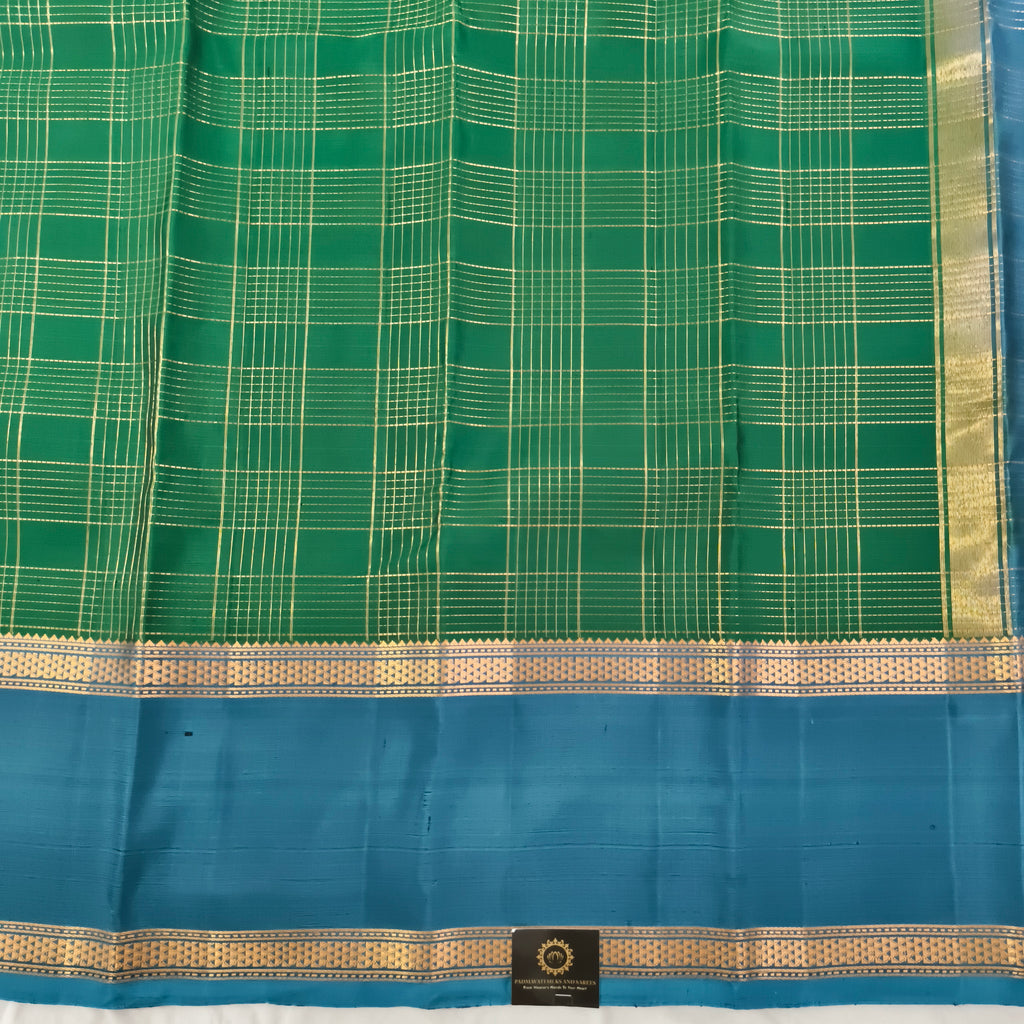 Pure Kanchipuram Silk Saree – Green and Blue Contrast with Checks
