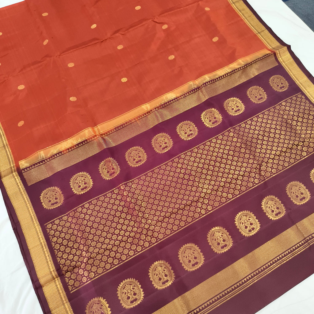 Pure Kanchipuram Handloom Silk Saree – Rust Orange and Deep Maroon Contrast