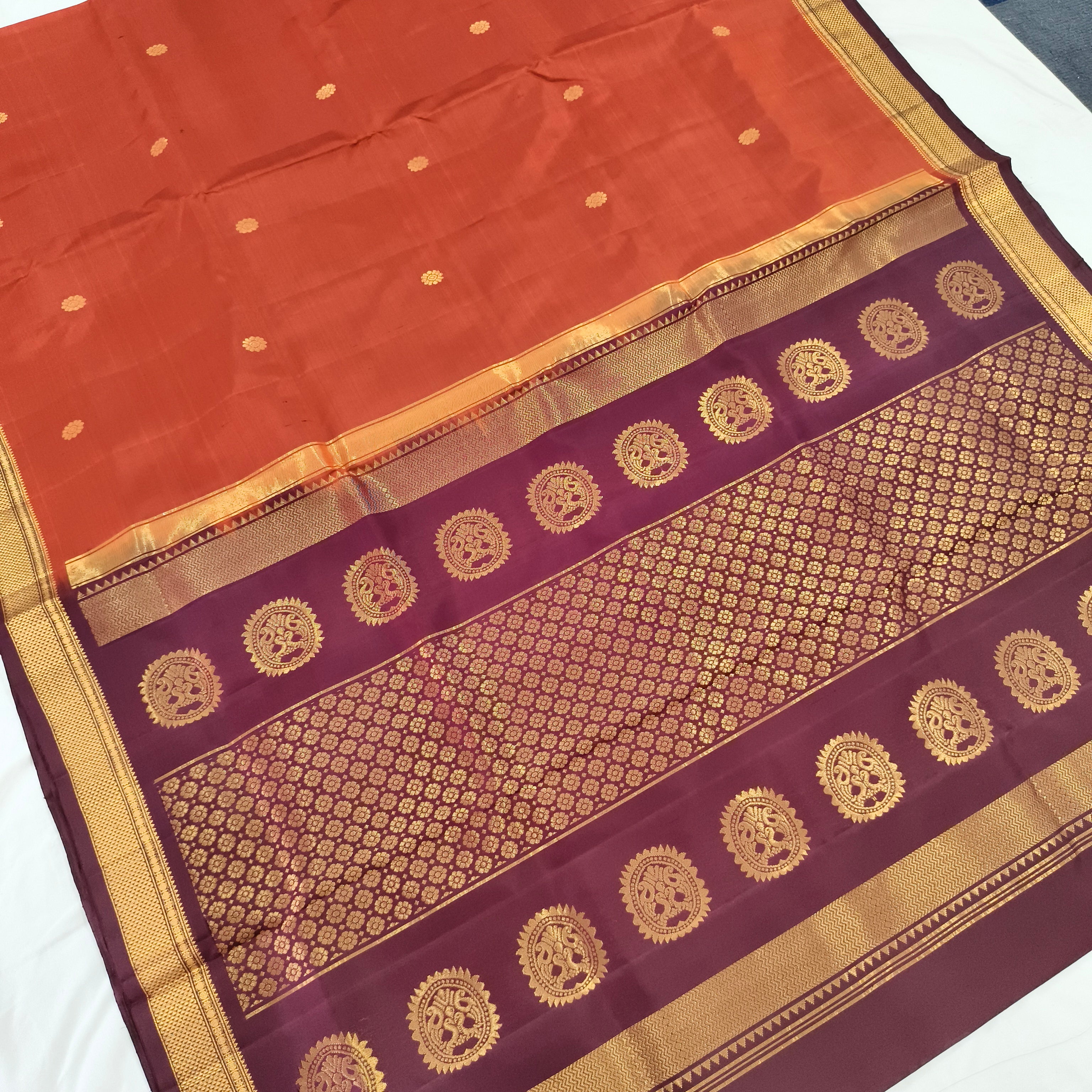 Pure Kanchipuram Handloom Silk Saree – Rust Orange and Deep Maroon Contrast