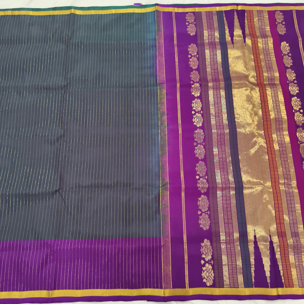 Pure Kanchipuram Silk Saree – Peacock Blue and Magenta Pink Contrast