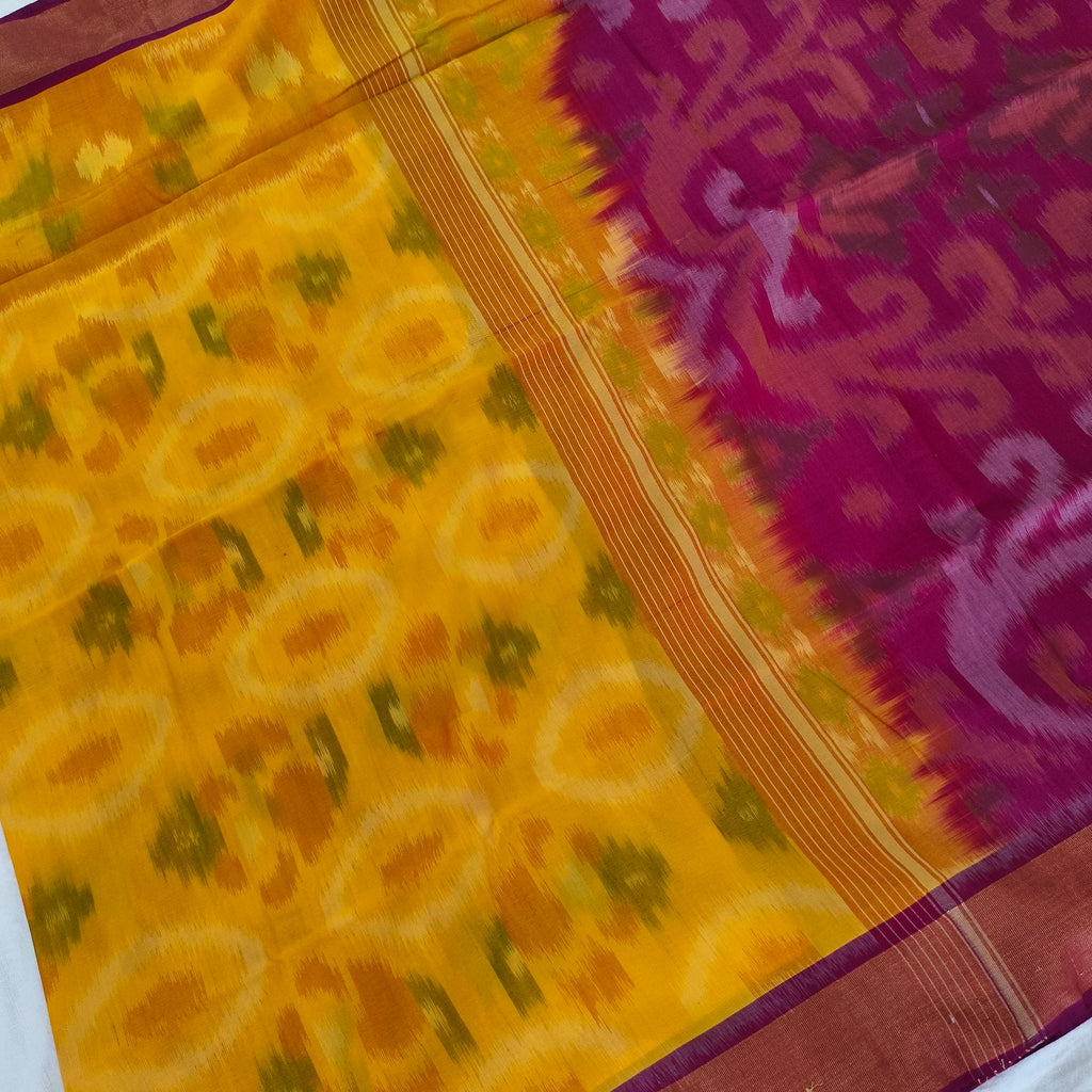 Silk Cotton Saree – Yellow and Rani Pink