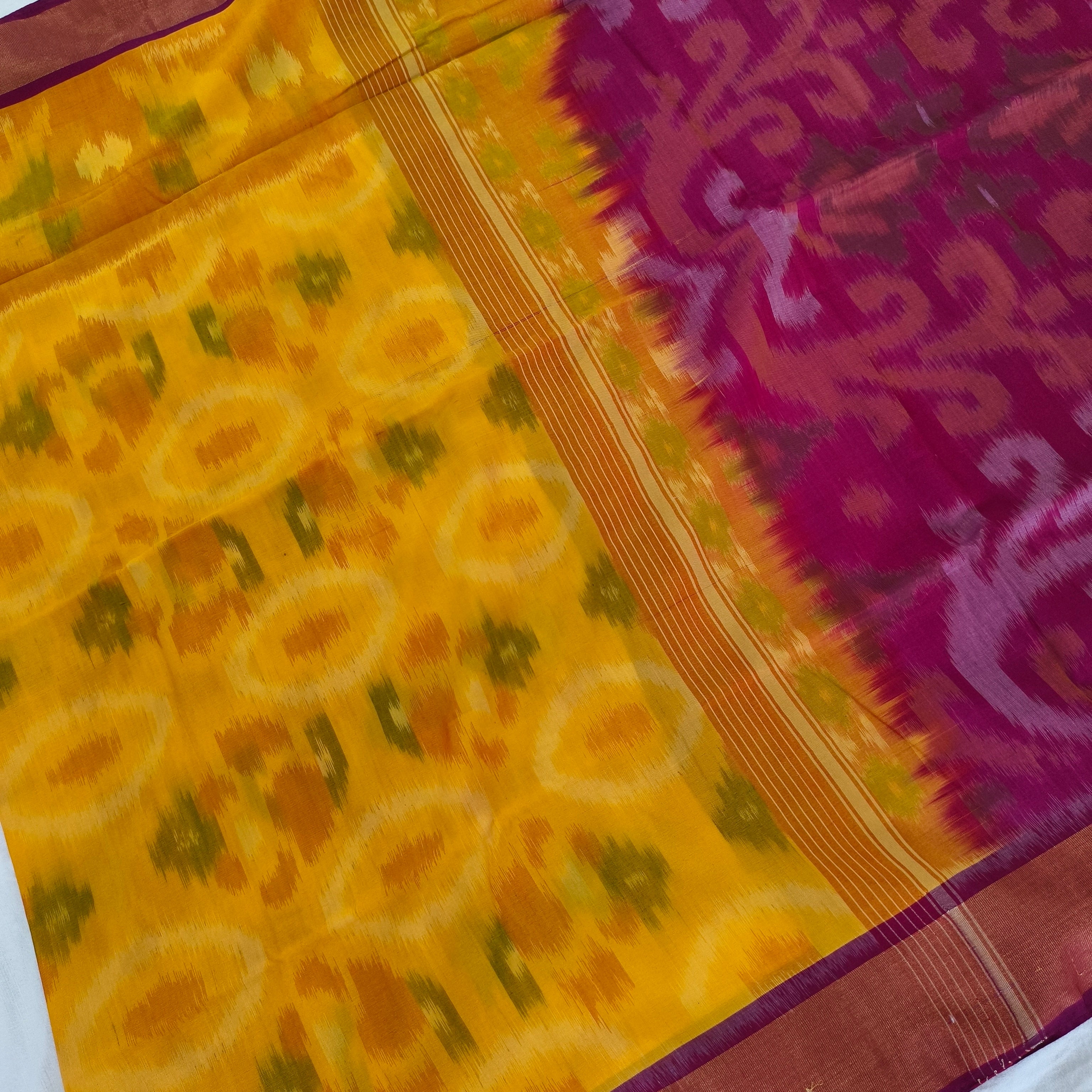 Silk Cotton Saree – Yellow and Rani Pink