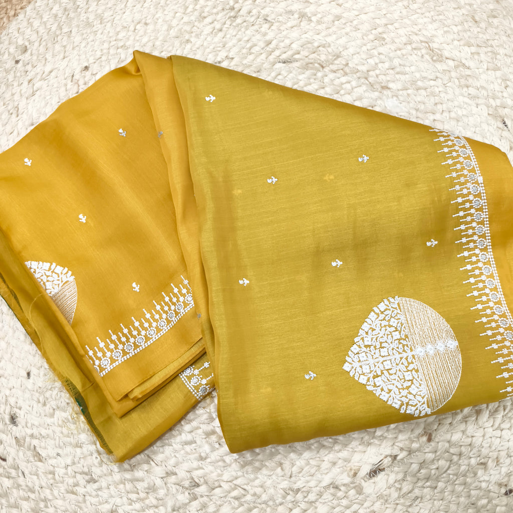 Yellow and Green Butter Silk saree