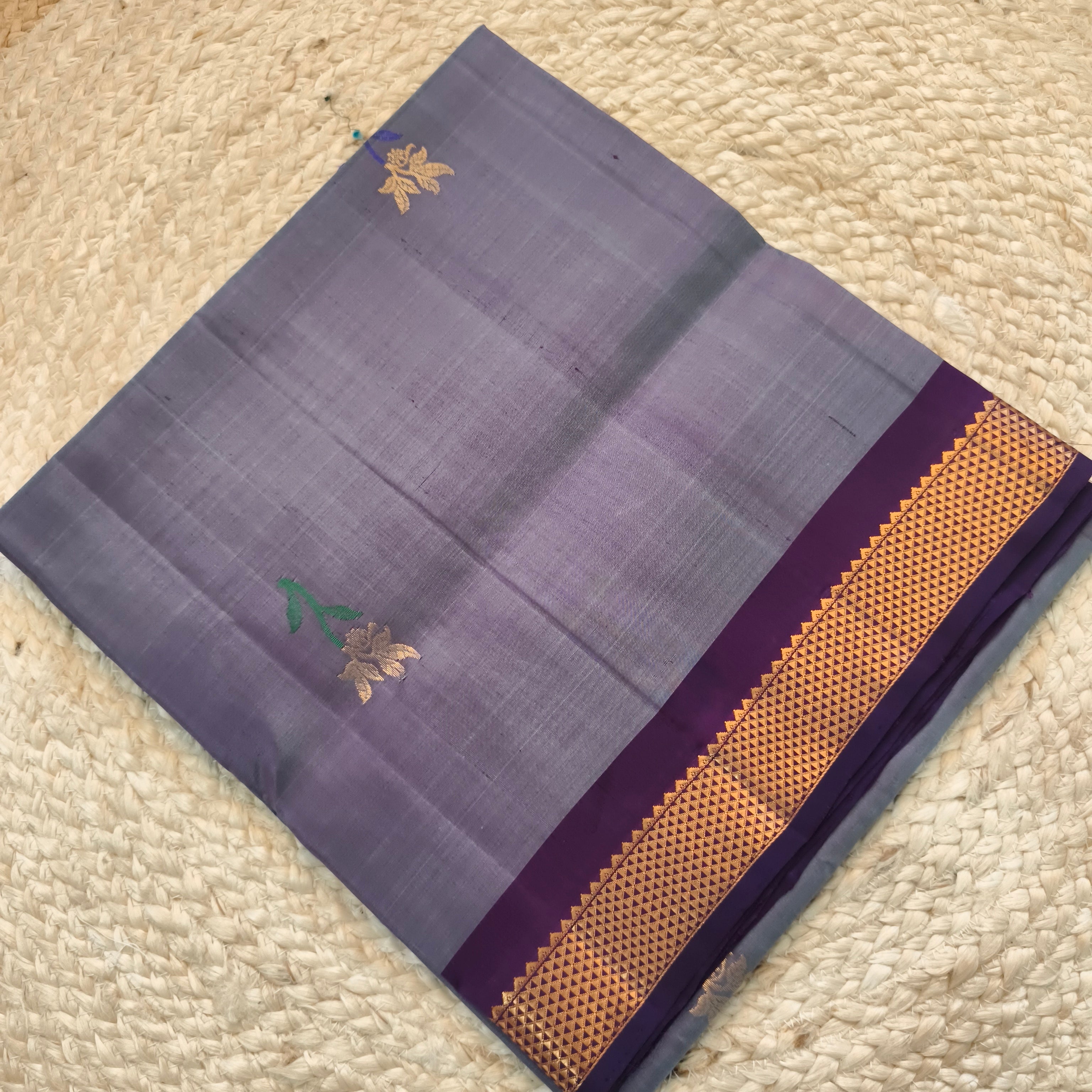 Pure Kanchipuram Silk Saree – Grey and Wine Contrast